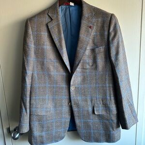 Isaia Tan and Blue Windowpane Silk Blazer